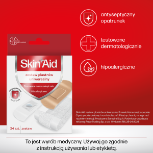 Skin_Aid_zestaw plastrów uniwersalny_plaster uniwersalny, zestaw plastrów na rany, elastyczne plastry na skaleczenia, wodoodporne plastry ochronne, opatrunki medyczne na cięcia i otarcia