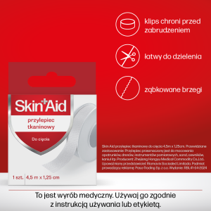 skin aid plaster z klipsem lepiej do mocowania opatrunków rzylepiec na rany, skaleczenia, otarcia i uszkodzenia skóry, doskonały do codziennego stosowania w medycynie