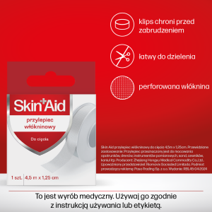 Skin_Aid_przylepiec włókninowy_4,5 x 1,25_ przylepiec na rany, łatwy do aplikacji, doskonały do codziennych opatrunków i ochrony skóry.