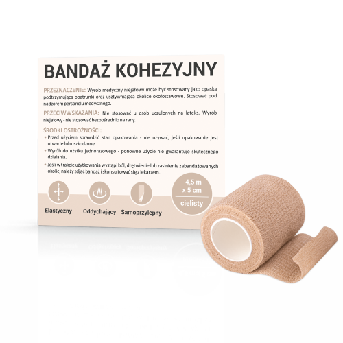 Bandaż kohezyjny CIELISTY 4,5 m x 5 cm idealny do stabilizacji stawów, zabezpieczenia kontuzji i wspomagania rehabilitacji. Ochrona przed urazami i wsparcie dla mięśni, bandaż medyczny do stosowania w sporcie, pierwszej pomocy