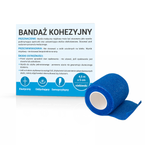 Bandaż kohezyjny NIEBIESKI 4,5 m x 5 cm Bandaż kohezyjny, elastyczny, samoprzylepny, stabilizacja stawów, ochrona przed kontuzjami, rehabilitacja, bandaż sportowy, bandaż na urazy, bandaż medyczny, opatrunek stawowy