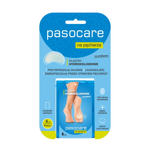 Plastry hydrokoloidowe na pęcherze na podeszwę A6 szt PASOCARE, skuteczne plastry, na obtarcia, na pęcherze, na ból stóp, komfortowe plastry na pęcherze