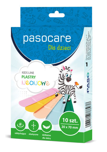 Pasocare Kidsline – plastry dla dzieci z neonową grafiką, idealne na rany, neonowe plastry, dzieci, opatrywanie dzieci, drobne skaleczenia, najlepsze plastry dla dzieci, zabawne wzory, plastry, radosne opatrunki dla dzieci, grafika na plastrze