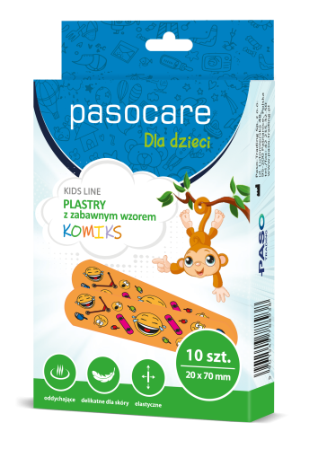 Pasocare Kidsline – plastry dziecięce z grafiką komiksową na rany, grafika dla dzieci, pasocare kidsline, plastry dziecięce, zabawne wzory, grafika na plastrze, kolorowe, najlepsze plastry dla dzieci