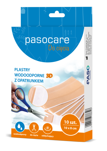 Pasocare plastry wodoodporne 3D z opatrunkiem do cięcia 10x8 cm 10 szt. plaster do cięcia 10x8 cm z opatrunkiem, do zabezpieczenia ran, wodoodporny, hipoalergiczny, elastyczny z opatrunkiem