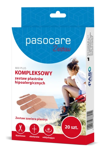 Pasocare Mix Plus kompleksowy zestaw plastrów hipoalergicznych 20 szt.kompleksowy zestaw plaster hipoalergiczny 20 szt. PasoCare, idealny na otarcia, skaleczenia i codzienne rany