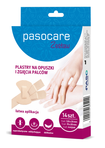 Pasocare plastry na opuszki i zgięcia palców zestaw 14 szt. plaster na palce, skaleczenia, rany, ruchome miejsca dłoni, elastyczne, dopasowujące, najlepsze plastry na skaleczenia, na opuszki, idealny na trudne rany