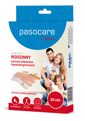 Pasocare Family Plus rodzinny zestaw plastrów hipoalergicznych 20 szt.rodzinny zestaw plastrów hipoalergicznych PasoCare 20 szt., plastrów na rany i skaleczenia, dla dzieci i dorosłych