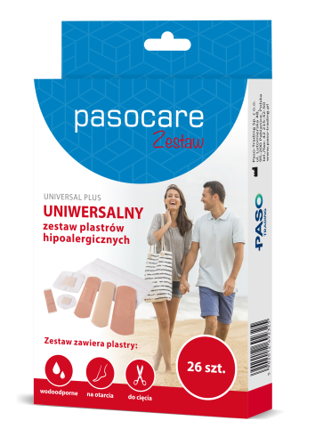 Pasocare Universal Plus uniwersalny zestaw plastrów hipoalergicznych 26 szt.uniwersalny zestaw plaster hipoalergiczny PasoCare 26 szt., plastrów ochronnych na rany, otarcia i skaleczenia