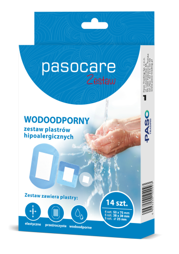 Pasocare wodoodporny zestaw plastrów hipoalergicznych 14 szt.wodoodporny plaster hipoalergiczny PasoCare 14 szt., idealny na rany i otarcia, wodooporny do stosowania w wodzie