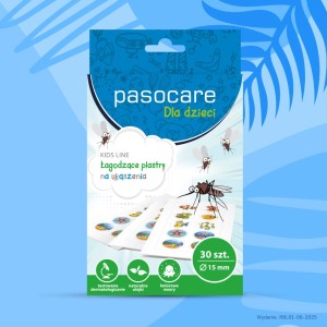 Opakowanie plastrów Pasocare Kids Line na ukąszenia owadów – kolorowa grafika przyciągająca uwagę dzieci, informacja o hipoalergiczności i bezpiecznym składzie