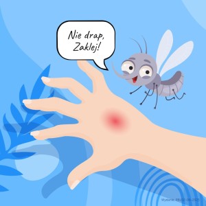 Zbliżenie na plaster Pasocare Kids Line z bajkowym wzorem – przeznaczony do stosowania na skórę po ukąszeniu komarów u dzieci