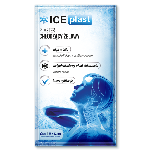 ICE PLAST plaster chłodzący żelowy 2 szt. 5cm x 12cm ICE PLAST plaster chłodzący żelowy 2 szt., idealny na bóle mięśni, siniaki i stłuczenia